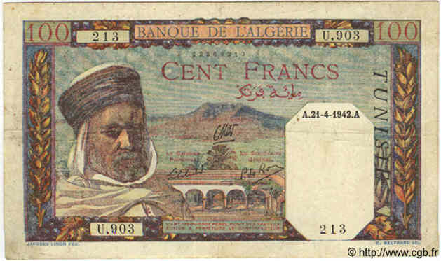 100 Francs TUNISIE  1942 P.13b TB