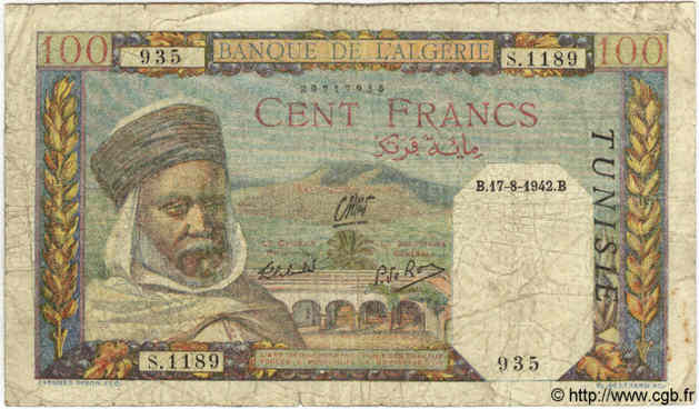 100 Francs TUNISIE  1942 P.13b pr.TB