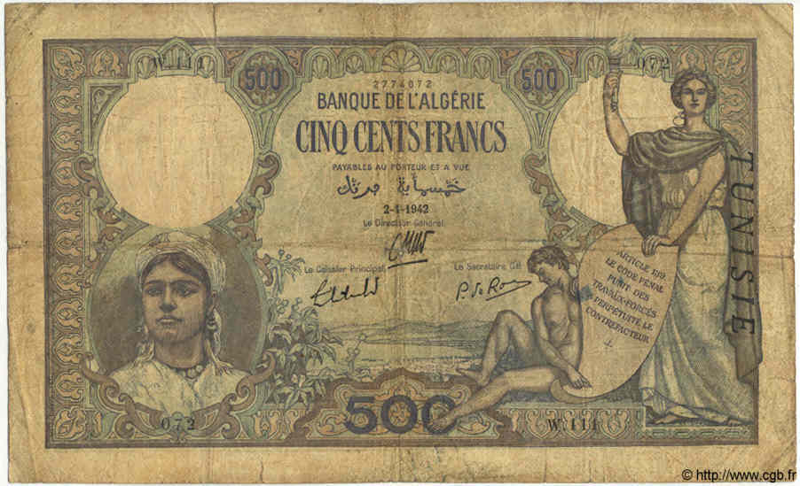 500 Francs TUNISIE  1942 P.14 B