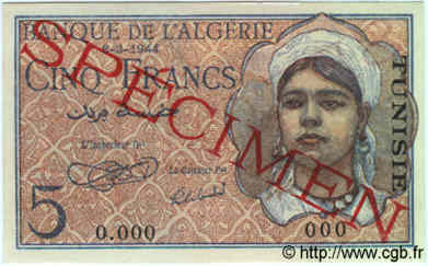 5 Francs Spécimen TUNISIE  1944 P.15s pr.NEUF