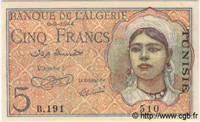 5 Francs TUNISIE  1944 P.15 pr.NEUF