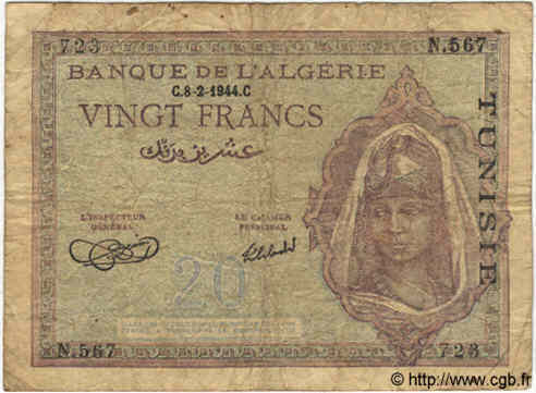 20 Francs TUNISIE  1944 P.17 B à TB