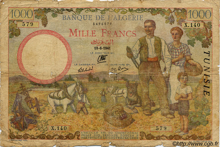 1000 Francs TUNISIE  1941 P.20a AB