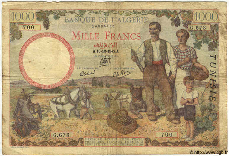 1000 Francs TUNISIE  1942 P.20a B à TB