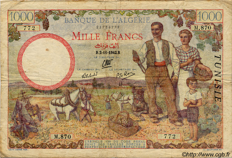 1000 Francs TUNISIE  1942 P.20b TB