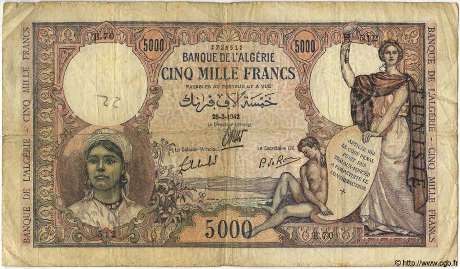 5000 Francs TUNISIE  1942 P.21 B+