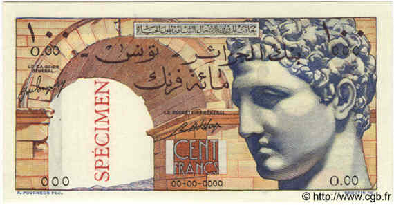 100 Francs Spécimen TUNISIE  1947 P.24s NEUF