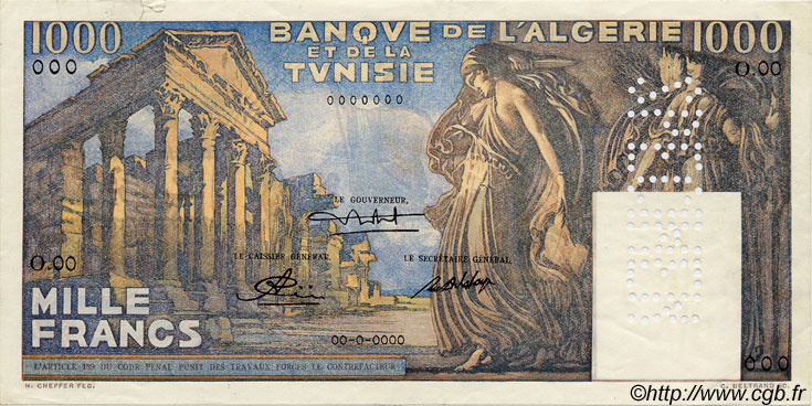 1000 Francs Spécimen TUNISIE  1950 P.29s SPL