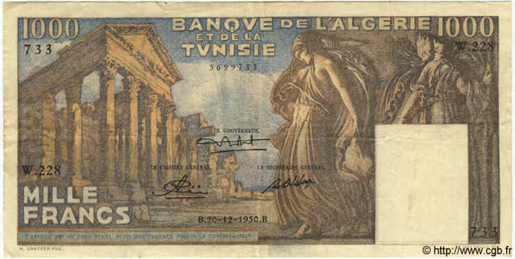 1000 Francs TUNISIE  1950 P.29a TB à TTB