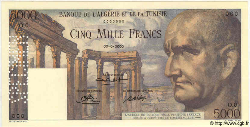 5000 Francs Spécimen TUNISIE  1950 P.30s NEUF