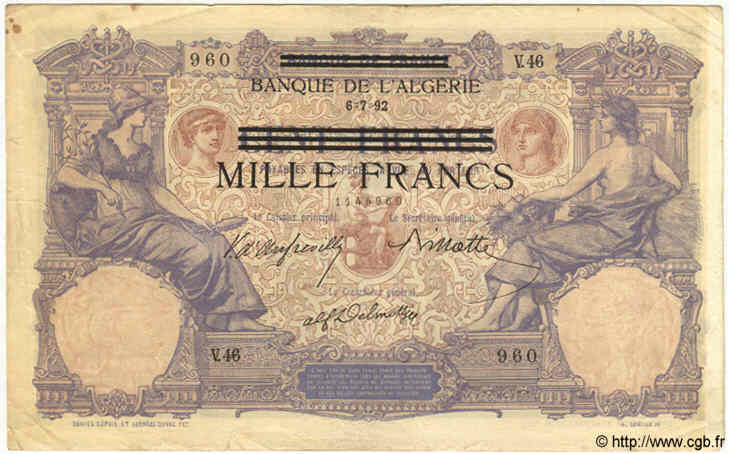 1000 Francs sur 100 Francs TUNISIE  1892 P.31 TTB