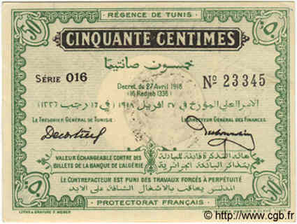 50 Centimes TUNISIE  1918 P.35 SPL