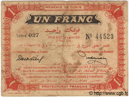 1 Franc TUNISIE  1918 P.40 B à TB