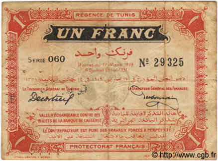 1 Franc TUNISIE  1919 P.46a TB