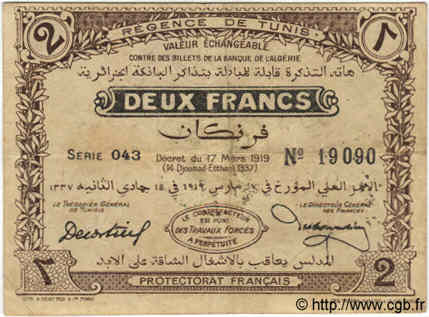 2 Francs TUNISIE  1919 P.47a TB à TTB