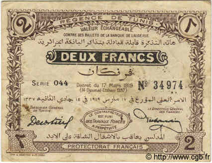 2 Francs TUNISIE  1919 P.47a TTB