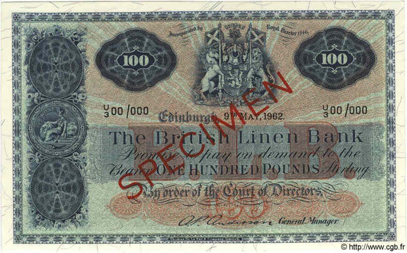 100 Pounds Spécimen ÉCOSSE  1962 P.165s NEUF