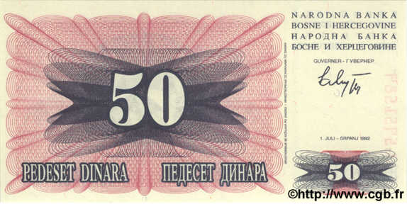 50 Dinara BOSNIE HERZÉGOVINE  1992 P.012a NEUF