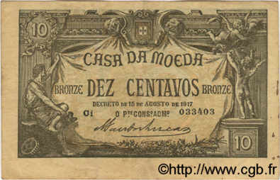 10 Centavos PORTUGAL  1917 P.093a TTB