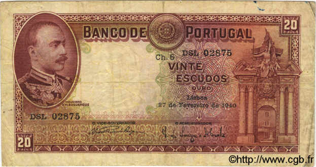 20 Escudos PORTUGAL  1940 P.143 B+ à TB