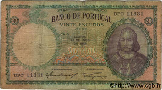 20 Escudos PORTUGAL  1954 P.153a B+