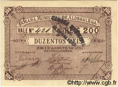 200 Reis PORTUGAL Aldegalega 1891  NEUF