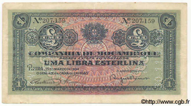 1 Libra MOZAMBIQUE Beira 1934 P.R31 TTB