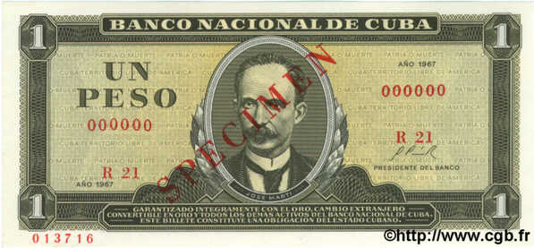 1 Peso Spécimen CUBA  1967 P.102as NEUF
