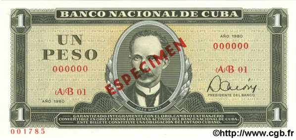 1 Peso Spécimen CUBA  1980 P.102b NEUF