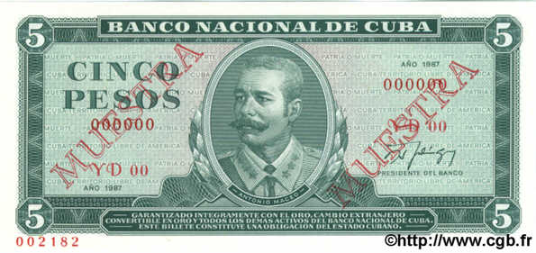 5 Pesos Spécimen CUBA  1987 P.103c NEUF