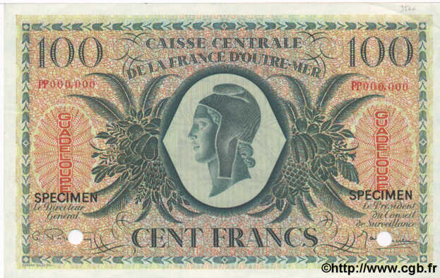 100 Francs Spécimen GUADELOUPE  1944 P.29as SPL