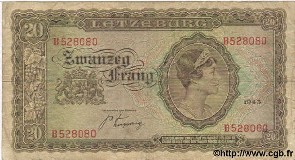 20 Frang LUXEMBOURG  1943 P.42a B+