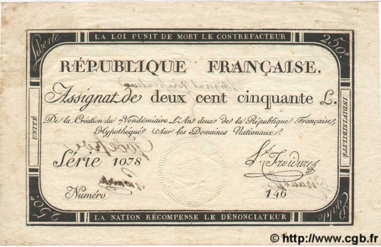 250 Livres Vérificateur FRANCE 1793 Laf.170a TTB+