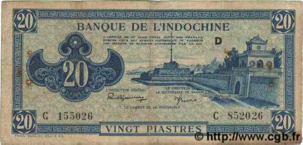 20 Piastres bleu INDOCHINE FRANÇAISE  1943 P.065 TB+