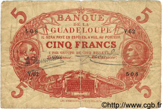 5 Francs Cabasson rouge GUADELOUPE  1922 P.07 B+
