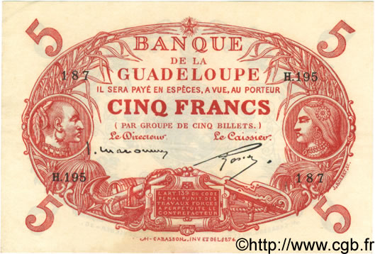 5 Francs Cabasson rouge GUADELOUPE  1934 P.07 SUP+
