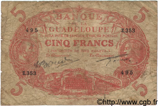 5 Francs Cabasson rouge GUADELOUPE  1944 P.07 pr.B