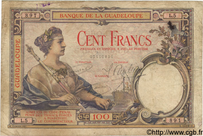 100 Francs GUADELOUPE  1934 P.16 B à TB