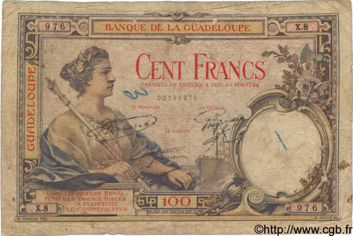 100 Francs GUADELOUPE  1932 P.16 B+