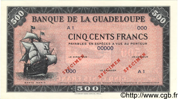 500 Francs Spécimen GUADELOUPE  1942 P.25s NEUF