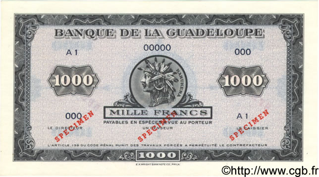 1000 Francs Karukera petit format Spécimen GUADELOUPE  1943 P.26As pr.NEUF