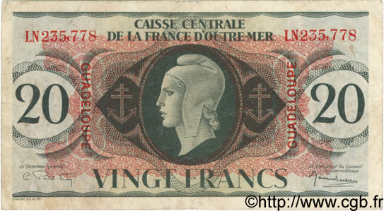20 Francs GUADELOUPE  1944 P.28a pr.TB