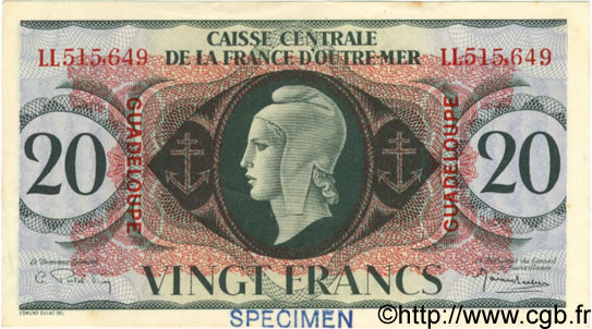 20 Francs Spécimen GUADELOUPE  1944 P.28as SUP+