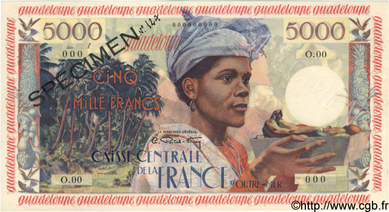 5000 Francs antillaise Spécimen GUADELOUPE  1960 P.40s pr.NEUF