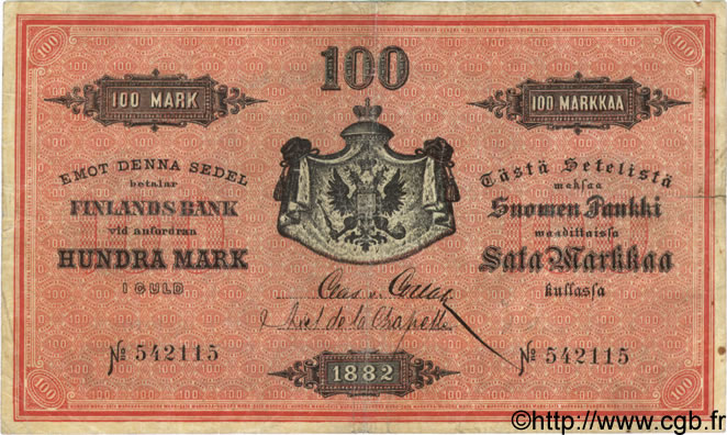 100 Markkaa FINLANDE  1882 P.A48b pr.TTB