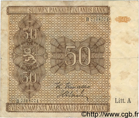 50 Markkaa FINLANDE  1922 P.052 TB+