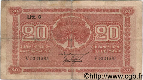 20 Markkaa FINLANDE  1922 P.063a B+