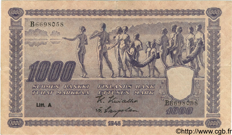 1000 Markkaa FINLANDE  1945 P.082 TTB