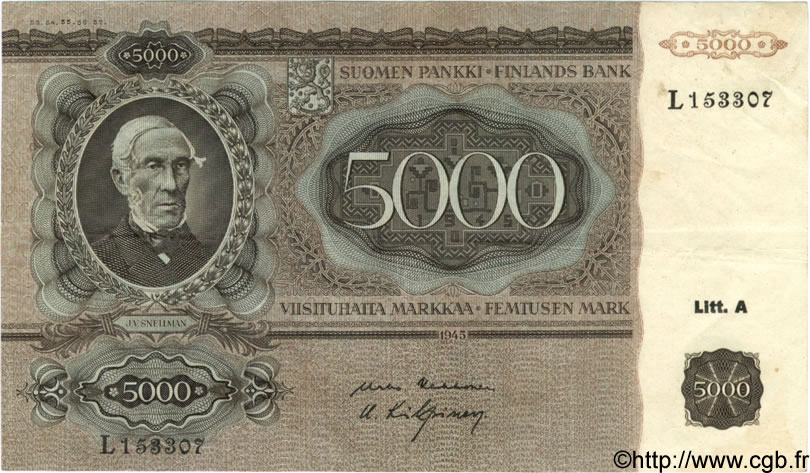 5000 Markkaa FINLANDE  1945 P.083a TTB+