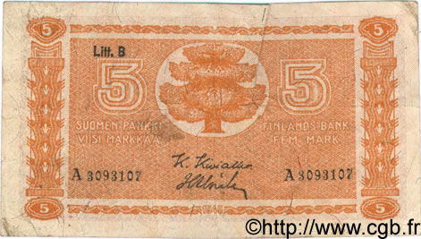 5 Markkaa FINLANDE  1945 P.084 TB